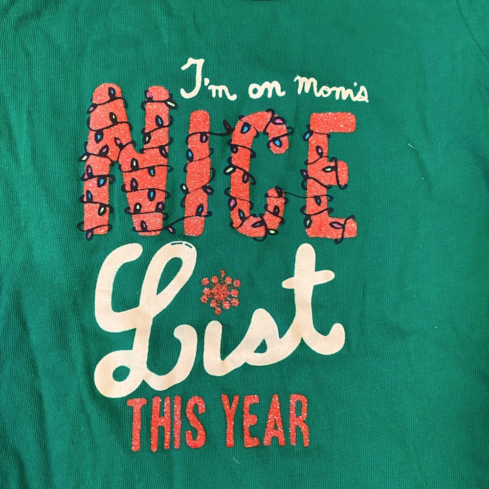 Green long sleeved onesie, “I’m on moms nice list this year”, 9 months
